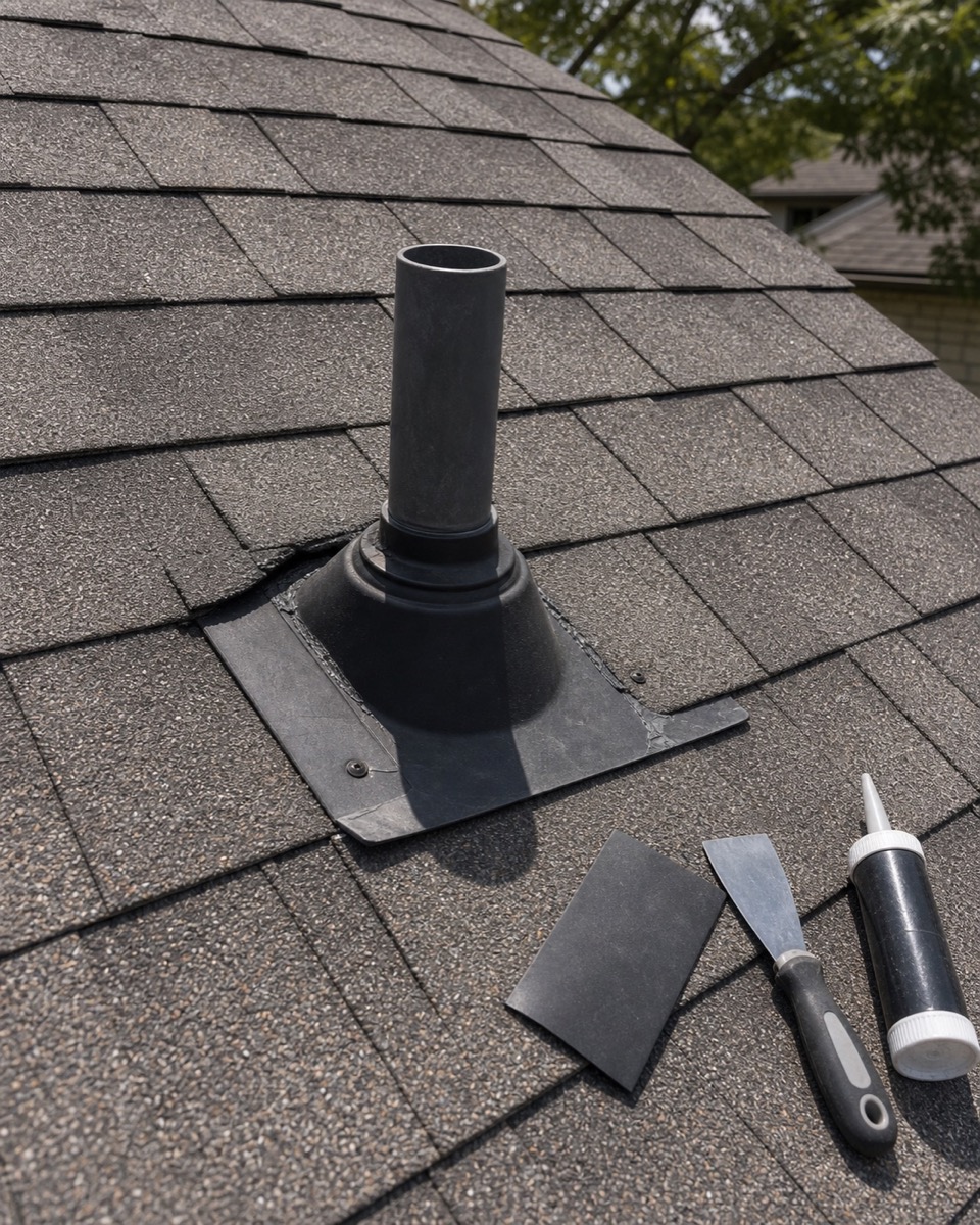 Roof flashing repair detail near a vent pipe